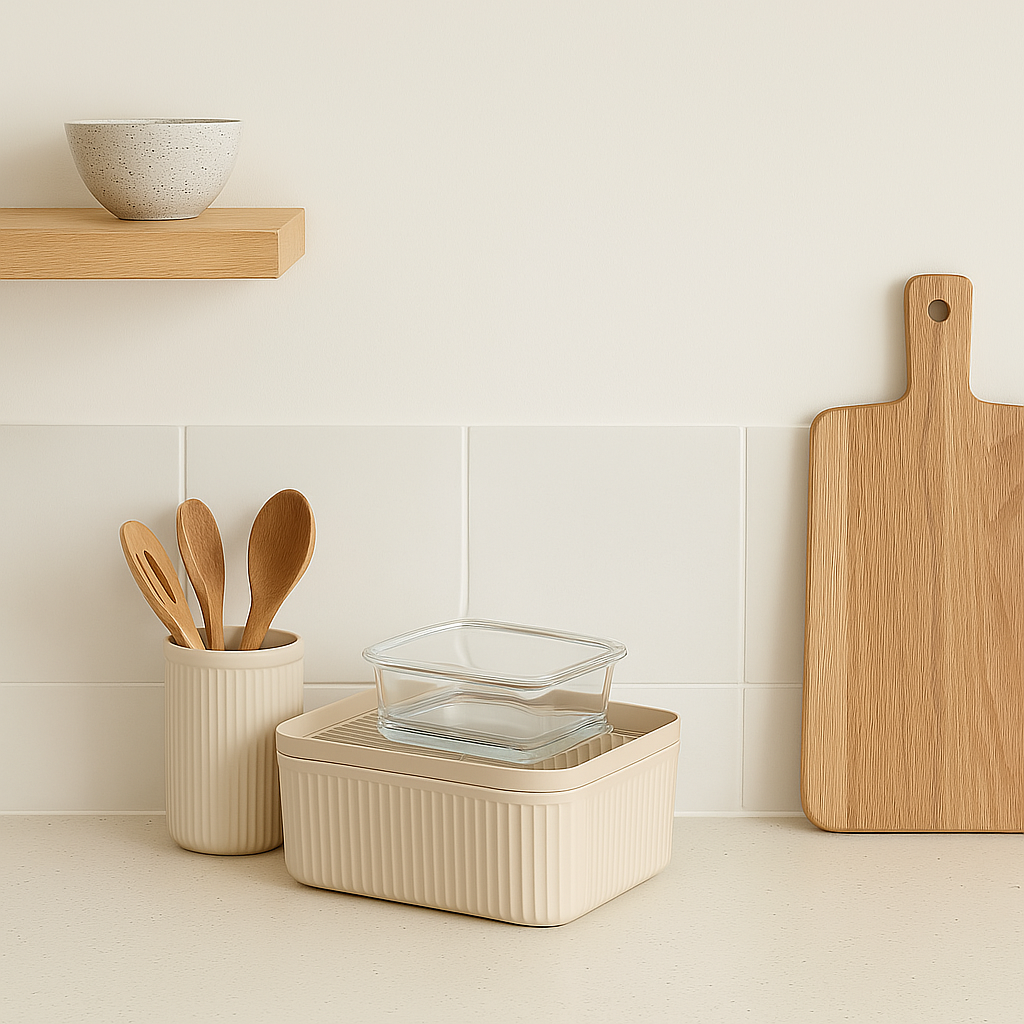 boite et accessoires posée sur un plan de travail et planche en bois
