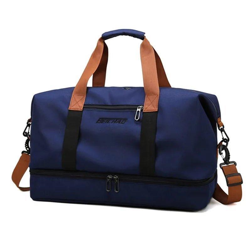 Sac de sport bleu imperméable avec compartiments séparés, travel bag résistant pour vêtements et équipement sportif, solution de rangement pratique pour voyages et fitness