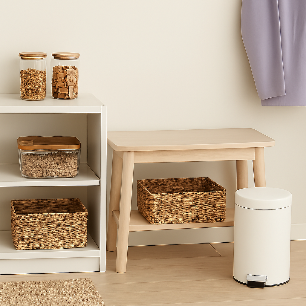 tabouret en bois poubelle blanche et étagère avec accessoires