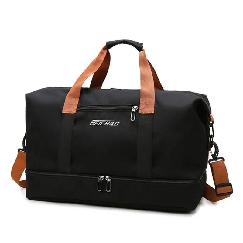 Sac de sport noir élégant avec multiples compartiments, travel bag durable pour vêtements et chaussures, solution de rangement organisée pour voyages et activités sportives