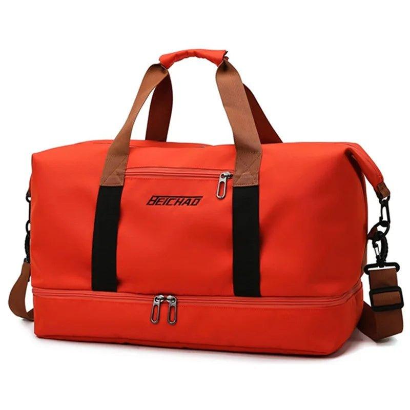 Sac de sport orange vif avec poches zippées, travel bag robuste pour équipement sportif et nécessaire de voyage, solution de rangement ergonomique pour activités sportives et week-ends